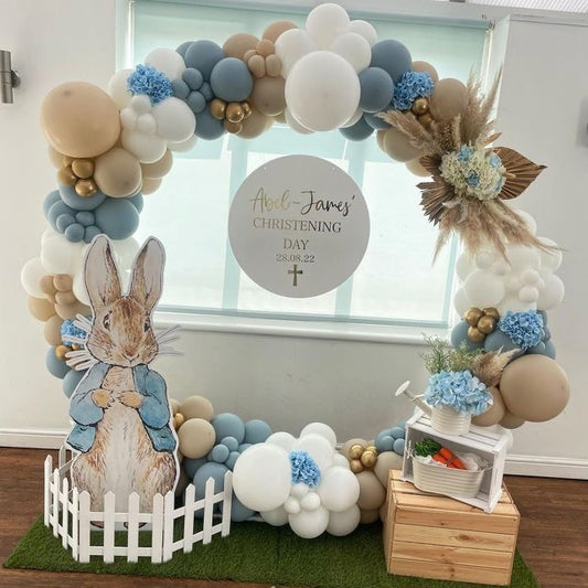 Customizable Board with Balloon Round Setup Blue, Dust White and Light Gold with Peter Standee and Artificial Leaves and Flowers - The Tale of Peter Rabbit-Themed Perfect for special occasions