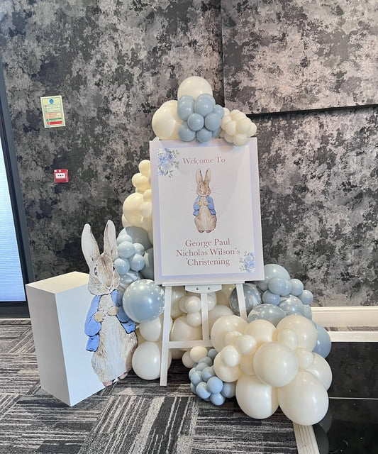Customizable Board with Wooden Stand with Balloon Blue and White with Peter Standee - The Tale of Peter Rabbit-Themed Perfect for special occasions