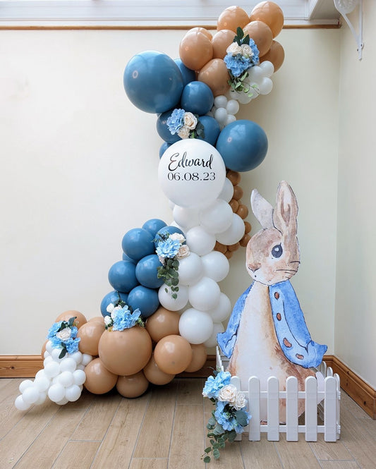 Organic Balloon Chain Blue, White and Brown with Peter Standee and Artificial Flowers - The Tale of Peter Rabbit-Themed Perfect for special occasions