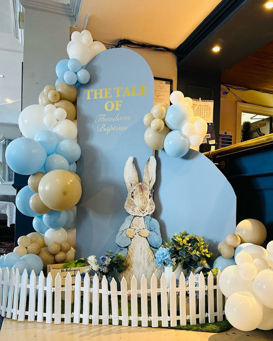 Customizable Board Backdrop with Balloon Blue, White and Beige with Peter Standee and Artificial Flowers - The Tale of Peter Rabbit-Themed Perfect for special occasions