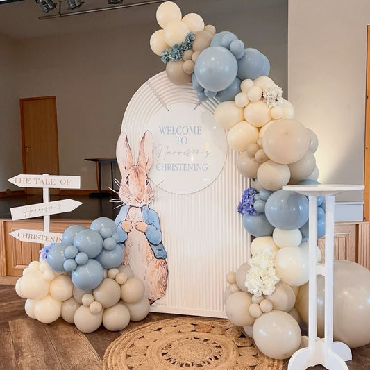 Customizable Board Backdrop with Balloon Blue, Dust White and Beige with Peter Standee with Artificial Flowers - The Tale of Peter Rabbit-Themed Perfect for special occasions