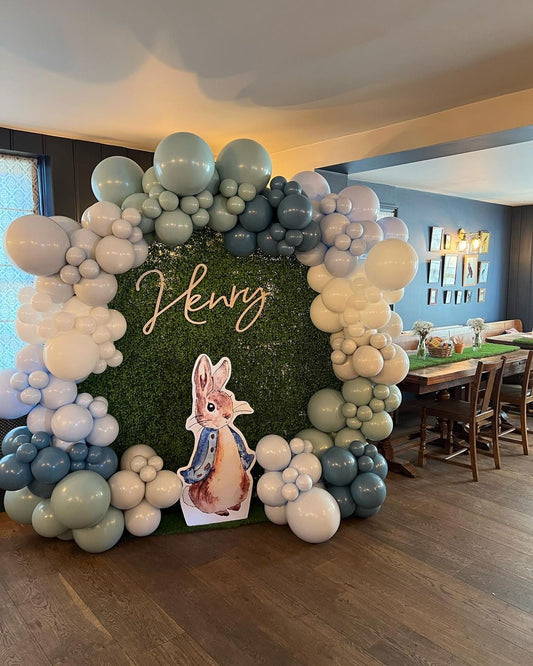 Grass Backdrop with Customizable Name and Balloon Round Setup Blue, Gray, Green and White with Peter Standee - The Tale of Peter Rabbit-Themed Perfect for special occasions