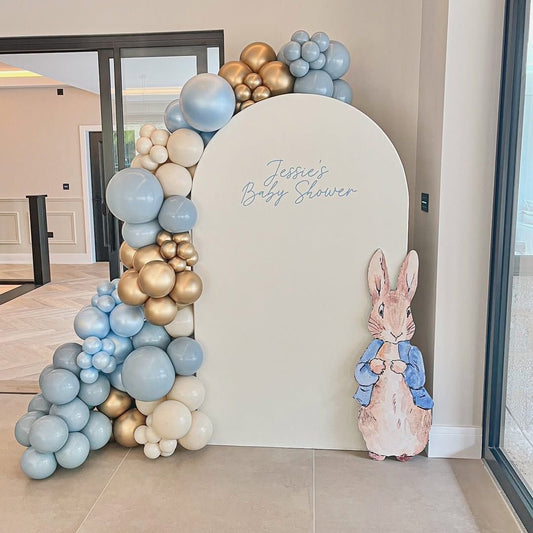 Customizable Board Backdrop with Balloon Blue, Dust White and Light Gold with Peter Standee - The Tale of Peter Rabbit-Themed Perfect for special occasions