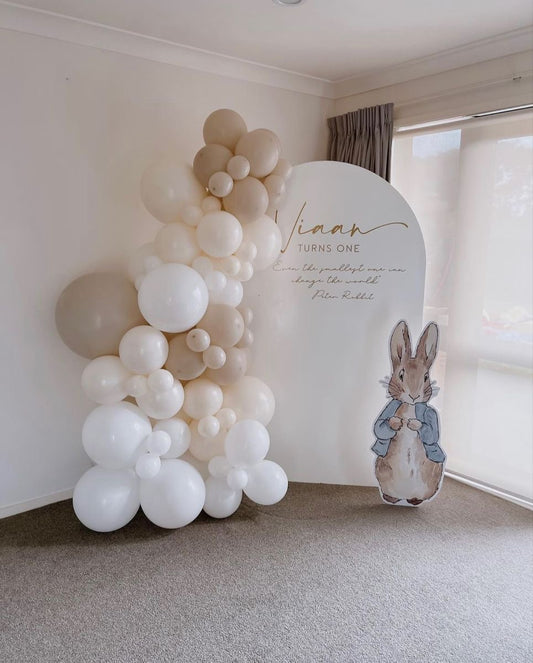 Customizable Board Backdrop with Balloon Beige, Dust White and White with Peter Standee - The Tale of Peter Rabbit-Themed Perfect for special occasions