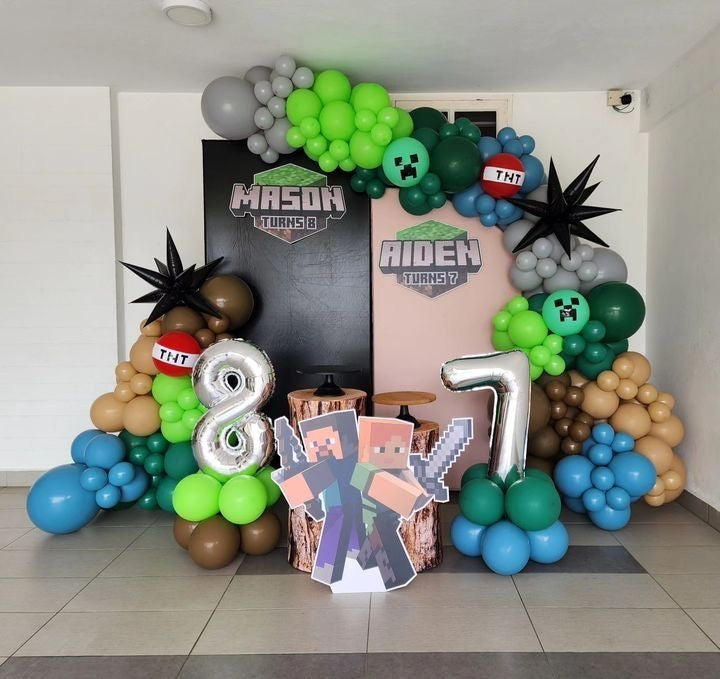 Customizable Board Backdrop with Balloon Blue, Brown, Gray and Green with Silver Number Balloon on Stand and Black Stars Accents with Minecraft Characters Standee - Minecraft-Themed Perfect for special occasion