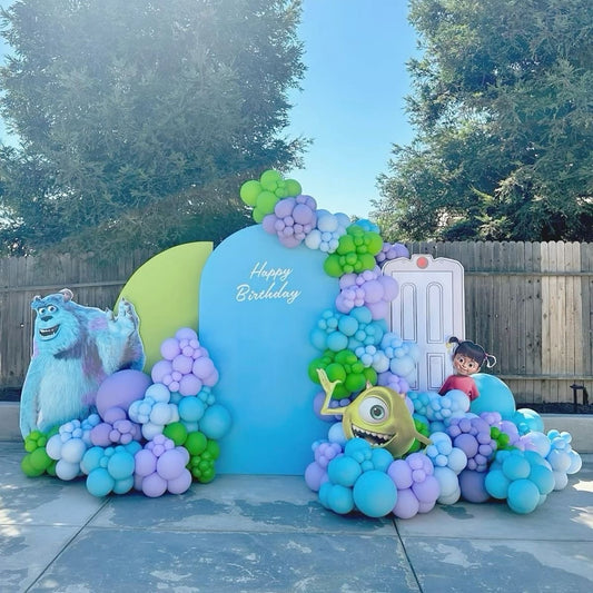 Customizable Board Backdrop with Balloon Turquoise, Green, Blue and Purple with Mike, Boo and James Standee and LED Acrylic ‘Happy Birthday’ Lights  - Monster, Inc.-Themed Perfect for special occasions