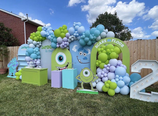 Full Set Customizable Board Backdrop with Balloon Turquoise, Green, Blue, Gray and Purple with Mike and James Standee and LED Marquee ‘2’ Number  - Monster, Inc.-Themed Perfect for special occasions