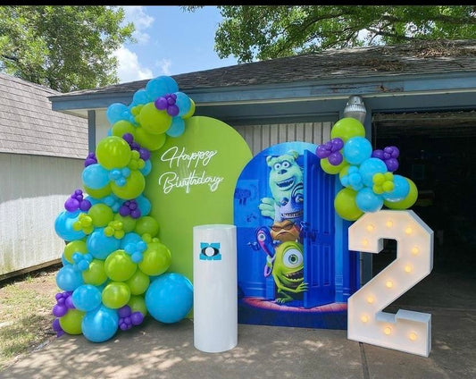 Customizable Board Backdrop with Balloon Turquoise, Green and Purple with LED Acrylic ‘Happy Birthday’ Lights, Cake Stand and LED Marquee ‘2’ Number  - Monster, Inc.-Themed Perfect for special occasions