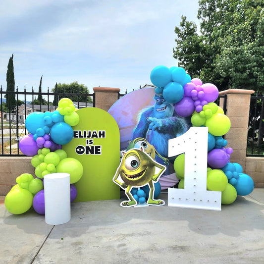 Customizable Board Backdrop with Balloon Turquoise, Green and Purple with Mike Stand and LED Marquee ‘1’ Number  - Monster, Inc.-Themed Perfect for special occasions