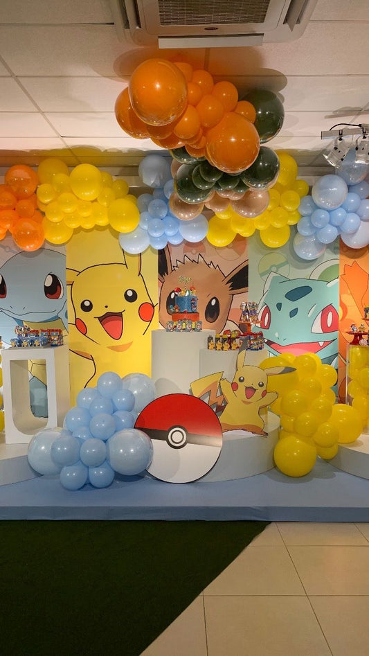 Customizable Board Pokemon Character Backdrop with Balloon Green, Beige, Orange, Blue and Yellow with Pikachu Standee, Pokeball and white Cake Stand - Pokemon-Themed Perfect for special occasion