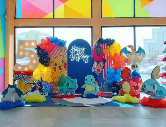 Customizable Board Backdrop with Balloon Black, Orange, Blue and Yellow with Pokemon Characters Standee and LED Marquee ‘5’ Number and LED Acrylic ‘Happy Birthday’ Lights - Pokemon-Themed Perfect for special occasion