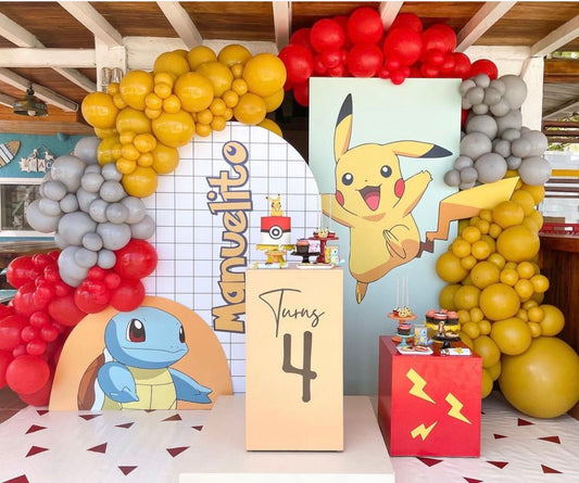 Customizable Board Backdrop with Balloon Yellow, Gray and Red with Customize Cake Stand - Pokemon-Themed Perfect for special occasion