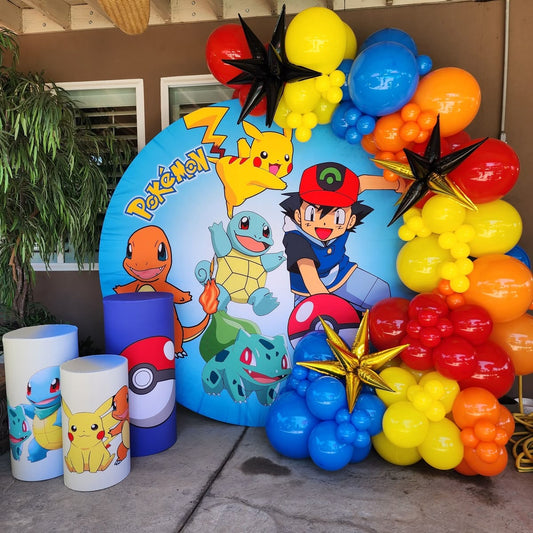 Customizable Board Backdrop with Balloon Yellow, Orange, Blue and Red with Black and Gold Star accents and Customize Cake Stand - Pokemon-Themed Perfect for special occasion