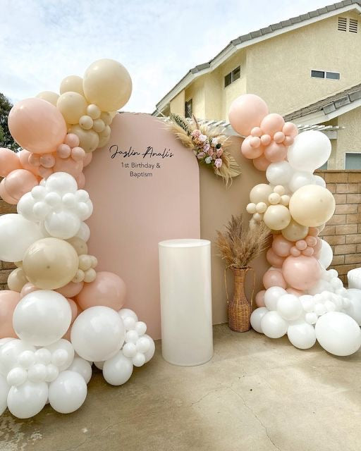 Customizable Board Backdrop with Balloon Peach, White and Beige with Artificial Flowers - Perfect for special occasion