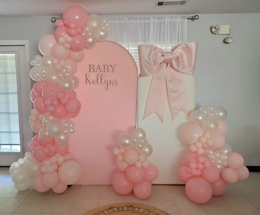 Customizable Board Backdrop with Balloon Pink and Pearl White with Customized Ribbons - Perfect for special occasion