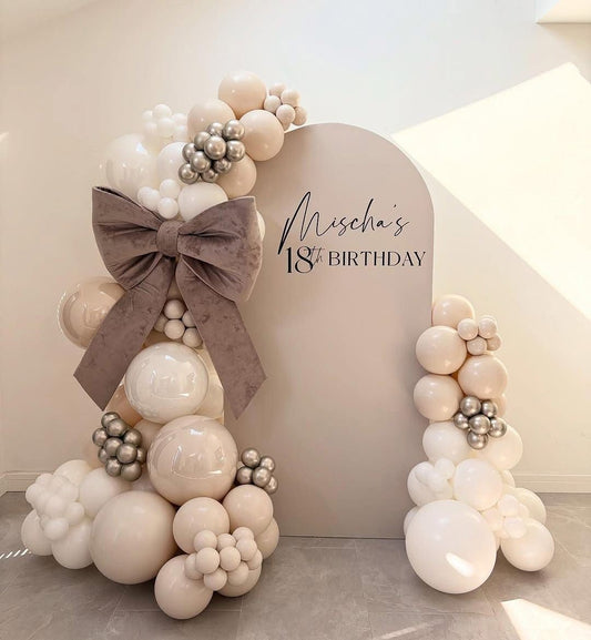 Customizable Board Backdrop with Balloon Sand White, Beige and Light Gold with Customizable Big Brown Ribbon - Perfect for special occasion
