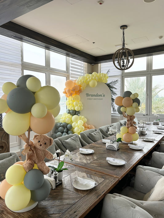 First Birthday Customizable Chiara Wall with Acrylic Text and Balloon Army Green, Yellow and Beige with 2pcs Teddy Bear Table Centerpiece - Perfect for special occasions