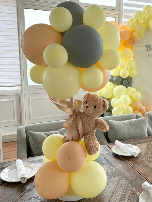 Customizable Balloon Deep Green, Beige and Yellow Centerpiece with Teddy Bear and Ribbons - Perfect for any Occasions