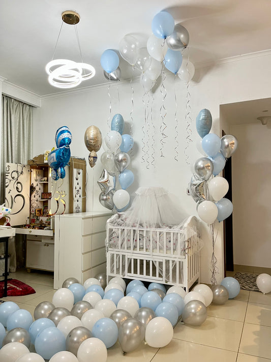 Set Decor Helium Balloon Blue, White and Clear with Confetti Latex Bunch, Ceiling Balloons, Floor Balloons and Stroller, Baby, Heart Foil Balloon - Perfect for Welcoming Baby!