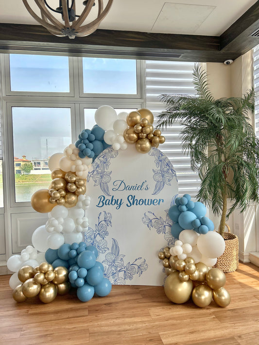 Baby Shower Customizable Board Backdrop with Balloon Blue, White, Dust White and Light Gold - Perfect for special occasion
