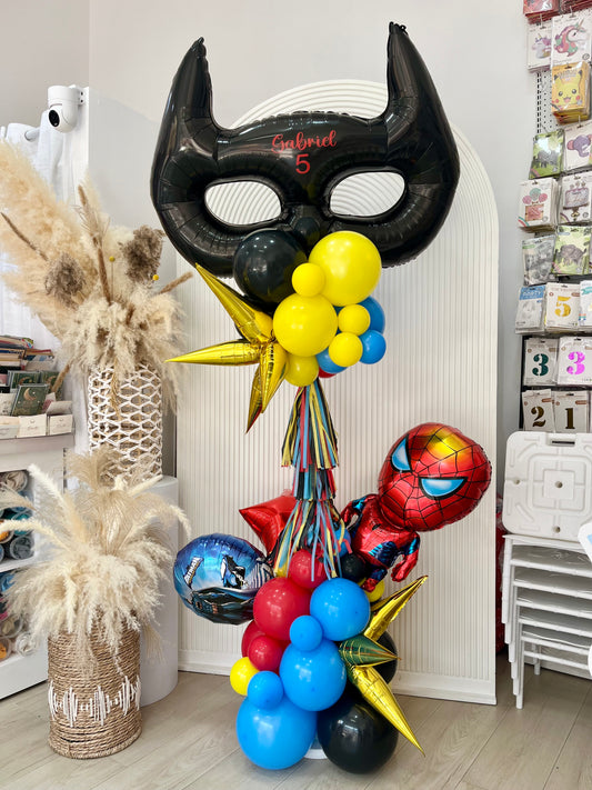 Personalised Superhero Themed with Customize Sticker, Batman, Spider-man, Gold Starburst and Tassels accents Pillar/Column/Tower – Perfect for Any Celebrations
