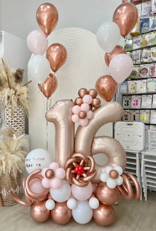 Platform Matte Pink Number '16’ with Balloons Light Pink Rose Gold White Customizable Sticker and Latex Helium Bunch – Customizable Design