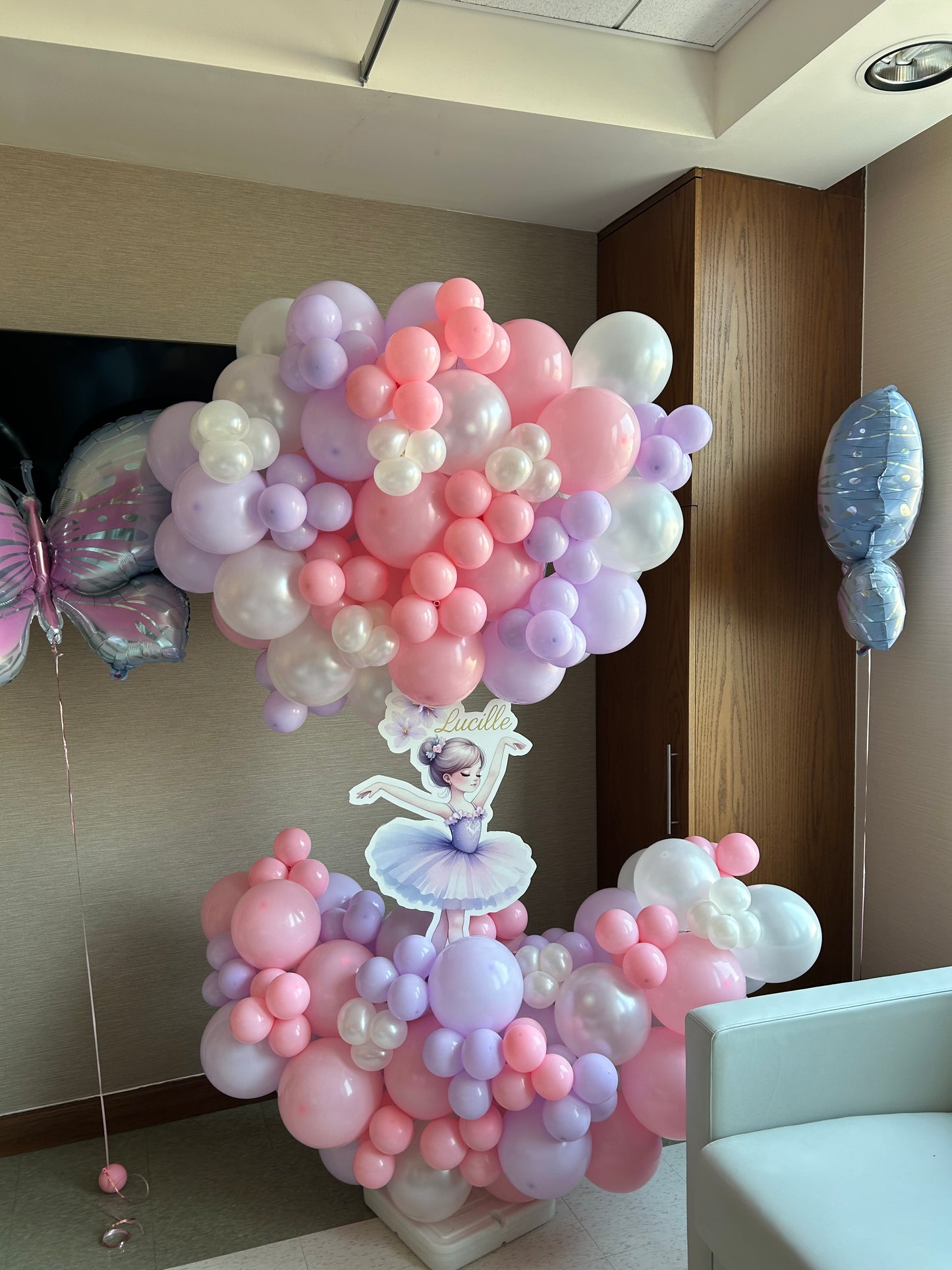 Hospital Setup Customized Ballerina with Balloons Purple, Pink and Pearl White and Helium Butterfly - Perfect for special occasion