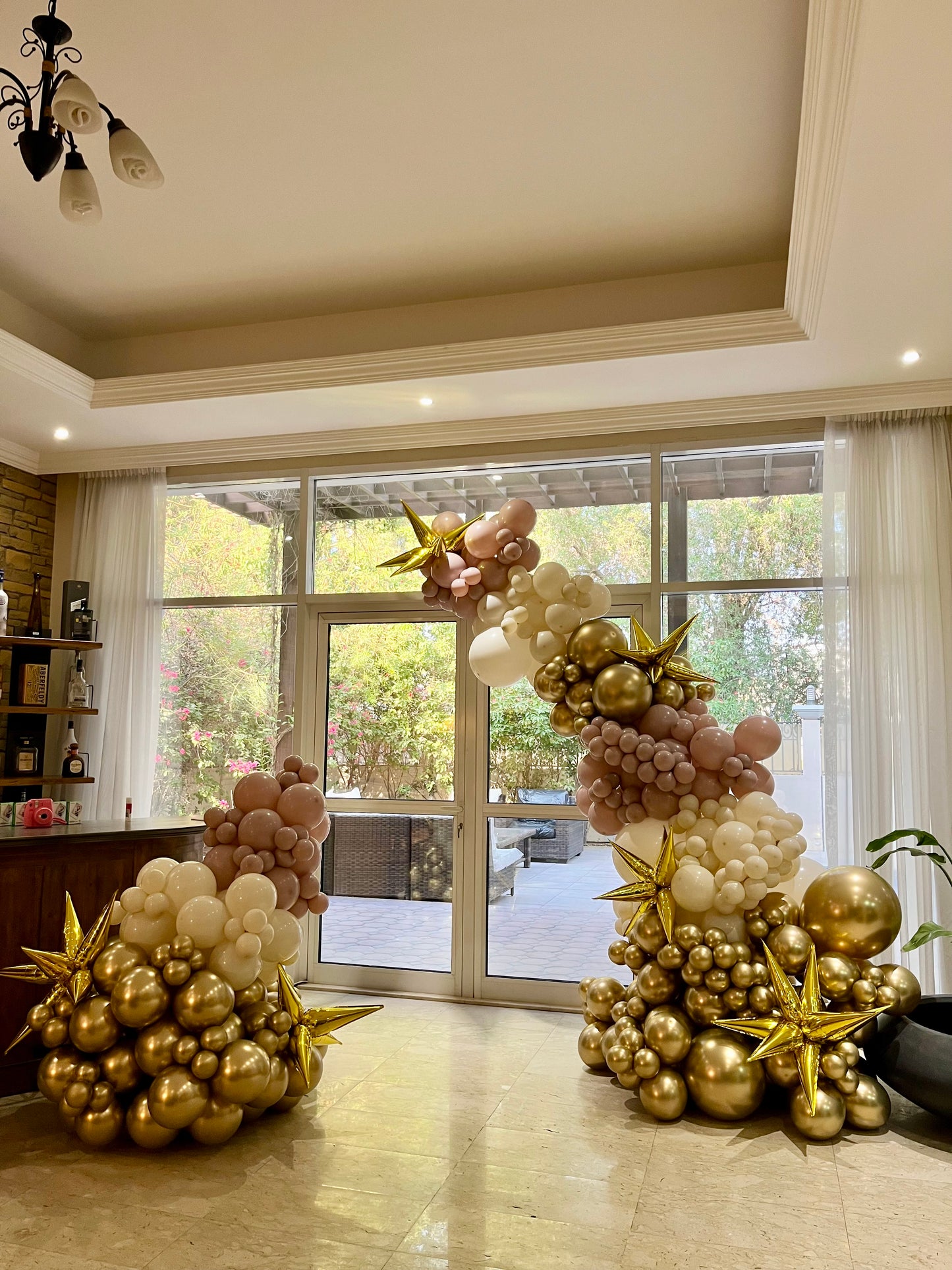 Organic Balloon Garland Arrangement Dusty Pink Light Gold Beige with Gold Starburst accents - Customizable Design, Perfect for any occasions!