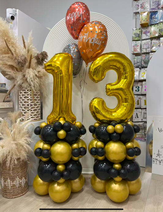 Number Balloon on Stand Gold '13' with Balloons Gold Black and Helium ‘Happy Birthday To You’ Foil - Customizable Design