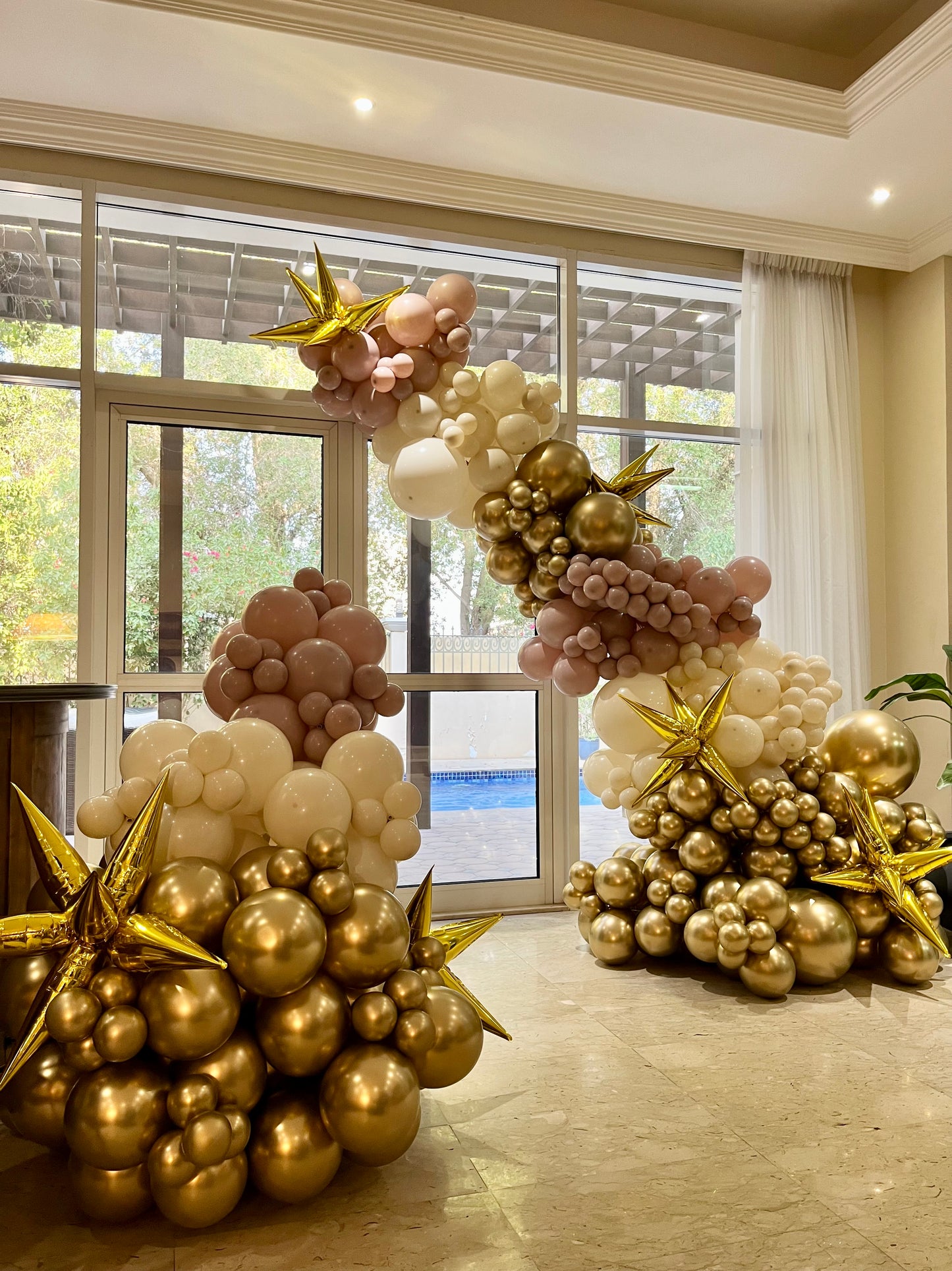 Organic Balloon Garland Arrangement Dusty Pink Light Gold Beige with Gold Starburst accents - Customizable Design, Perfect for any occasions!