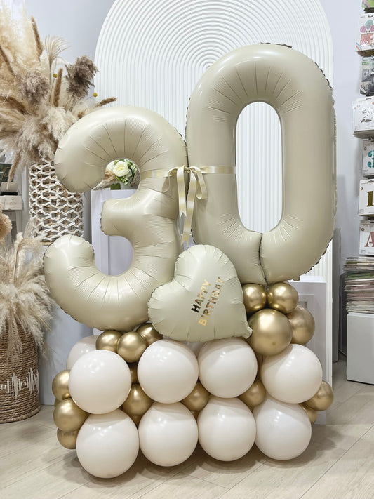 Platform Beige “30” Balloons Beige Light Gold with Heart Customize Sticker “HAPPY BIRTHDAY” - Customizable Design, Perfect for any occasions!