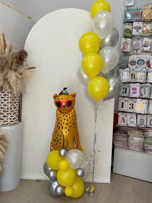 Leopard Balloon on Stand with Latex Helium Bunch Yellow Pearl White Silver - Customizable Design
