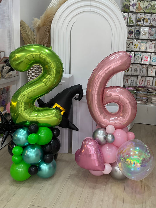 Number Balloon on Stand Green ‘2’ with Witch Hat Number Balloon on Stand Pink ‘6’ with Orbs & Heart – Perfect for Birthday!