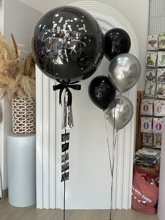 Personalised Clear with Black Latex Silver Confetti and Customize Sticker, Photo and Latex Helium Bunch – Customizable Design