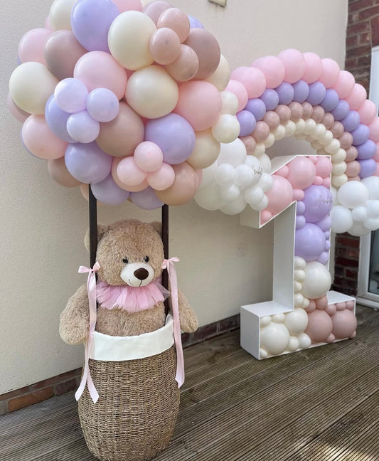 Baby Shower Balloon Beige, Purple, Mauve and Pink  with Teddy Bear Designed Hot Air Balloon with Ribbons Setup and Marquee Number '1' with Balloons, Designed Rainbow Balloons and Customize Sticker - Perfect for special occasions!