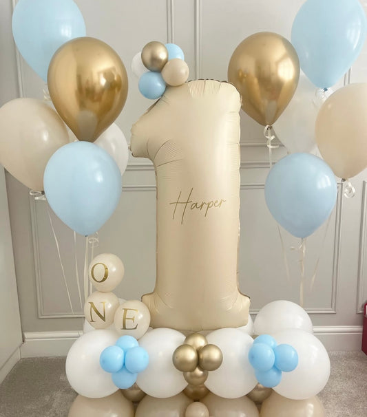 Platform Beige Number '1' with Latex Light Gold, Blue and White with Customize Sticker and Latex Helium Bunch – Customizable Design