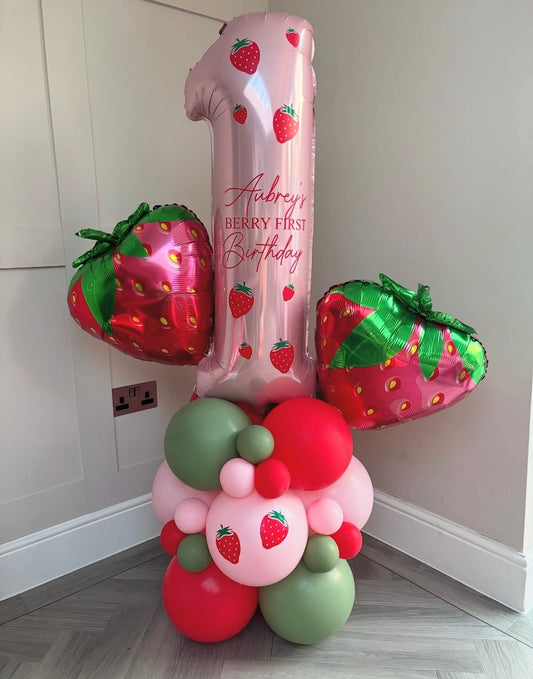 Balloon on Stand Pink Numbers '1' with Latex Green, Pink and Red with Customize Sticker and Strawberry Foil Balloons accents – Customizable Design