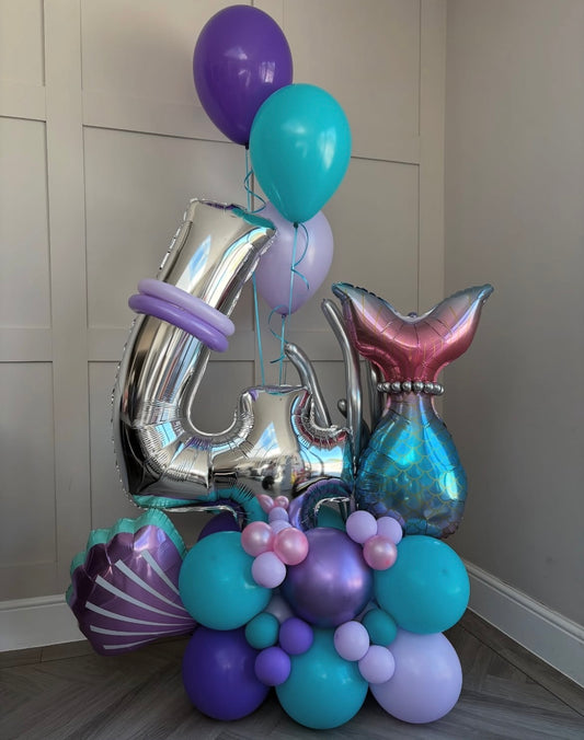 Platform Silver Number '4' with Latex Teal, Chrome Purple and Purple with Shells, Mermaid Tail and Helium Latex Bunch – Customizable Design