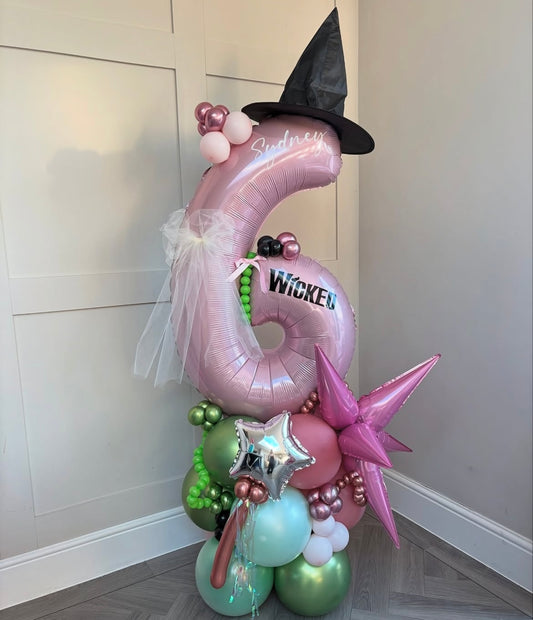 Balloon on Stand Pink Number '6' with Latex Chrome Green and Mint Green with Silver Star, Starburst, Ribbon, Witch Hat and Customize Sticker accents – Customizable Design
