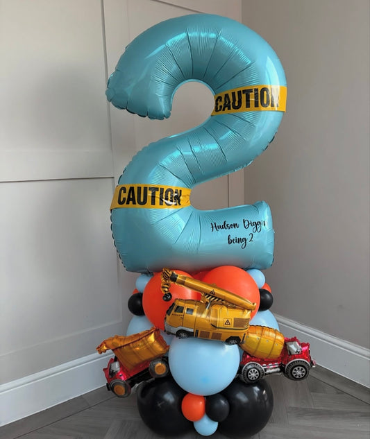 Balloon on Stand Blue Number '2' with Latex Blue, Black and Orange with Customize Sticker, Caution Banner and Truck Foil Balloons accents – Customizable Design