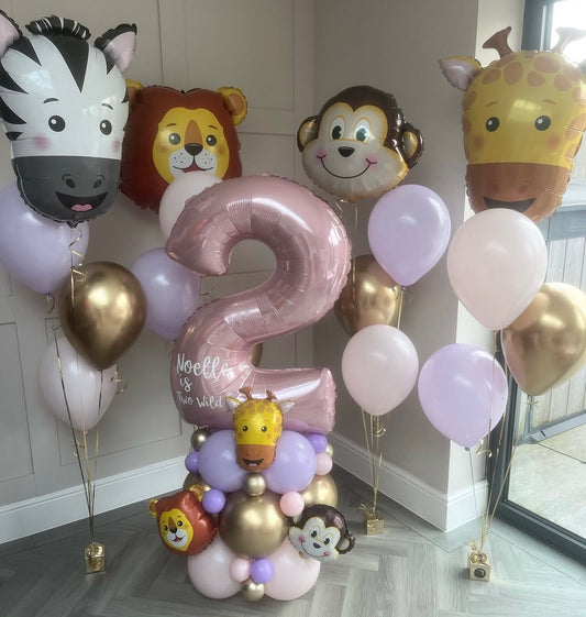 Balloon on Stand Pink Number '2' with Latex Purple, Light Gold and Pink with Customize Sticker Animals Giraffe Lion Monkey Zebra Foil and Latex Helium Bunch – Customizable Design