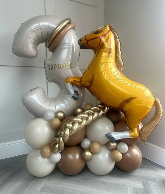 Platform Beige Number '3' with Latex Brown, Beige and Light Gold with Customize Sticker and Horse Foil Balloons accents – Customizable Design