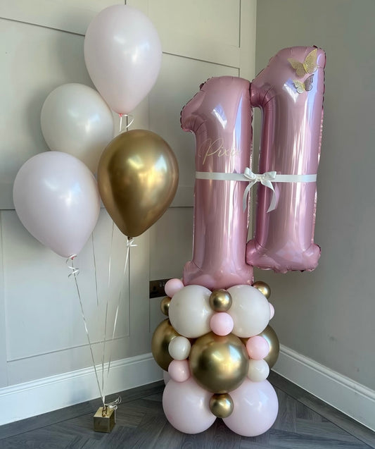 Platform Pink Numbers '11' with Latex Light Gold, Pink and White with Customize Sticker, Ribbons and Latex Helium Bunch – Customizable Design