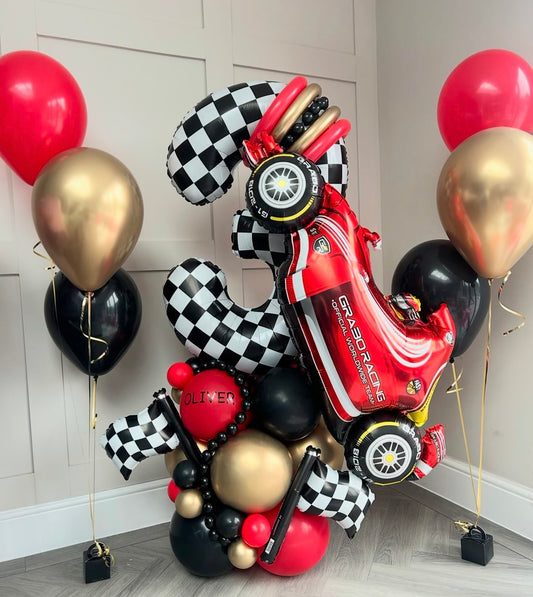 Platform Number '3' with Latex Black, Red and Light Gold with Race Car Foil accents and Helium Bunch – Car-Themed Customizable Design