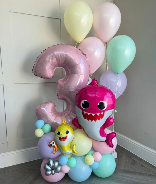 Platform Pink Number '3' with Latex Purple, Pink, Yellow, Green and Blue with Shark Foil and Latex Helium Bunch – Customizable Design