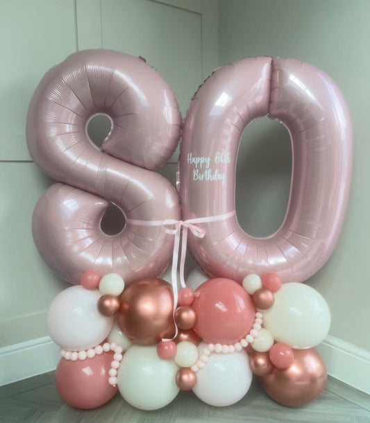 Platform Pink Numbers '80' with Latex Pink, Rose Gold and White with Customize Sticker and Ribbon accents – Customizable Design
