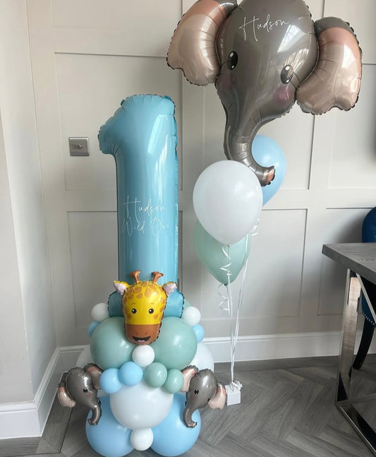Balloon on Stand Blue Number '1' with Latex Green, Blue and White with Customize Sticker Animals Giraffe Elephant Foil and Latex Helium Bunch – Customizable Design