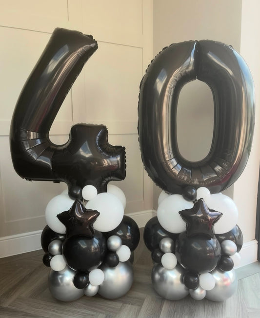 Balloon on Stand Black Numbers '40' with Latex White, Black and Silver with Star Foil Balloons accents – Customizable Design