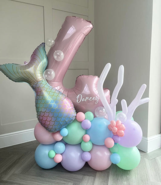 Platform Pink Number '4' with Latex Purple, Green, Blue and Pink with Customize Sticker and Mermaid Tail Foil accents – Customizable Design