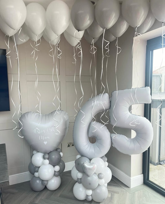 Platform Gray Number '65', Heart-Shaped Balloon on Stand with Customize Sticker, Latex White and Gray Helium Ceiling Balloons – Customizable Design